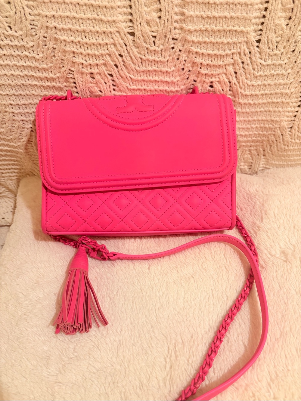 Tory Burch Hot Pink Quilted Leather Crossbody with Tassel
